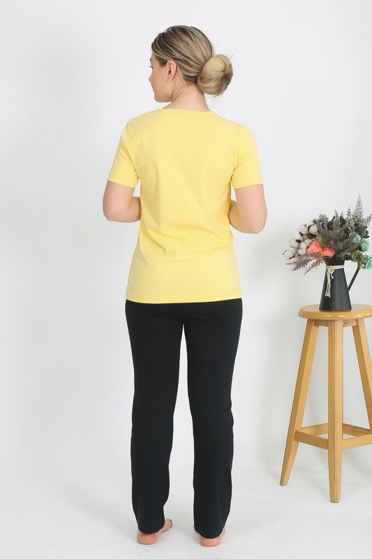 Moda Çizgi Kadın Kısa Kol Pamuk Penye Pijama Takım Sarı 4215 - 4