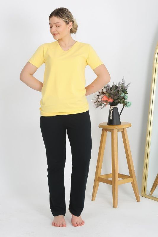 Moda Çizgi Kadın Kısa Kol Pamuk Penye Pijama Takım Sarı 4215 - 6