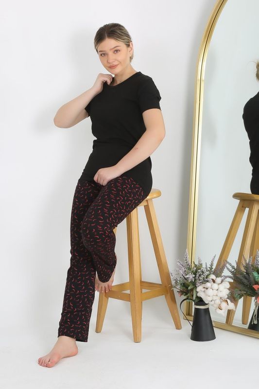 Moda Çizgi Kadın Kısa Kol Pamuk Penye Pijama Takım Siyah 4214 - 1