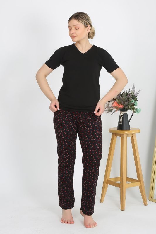 Moda Çizgi Kadın Kısa Kol Pamuk Penye Pijama Takım Siyah 4214 - 2