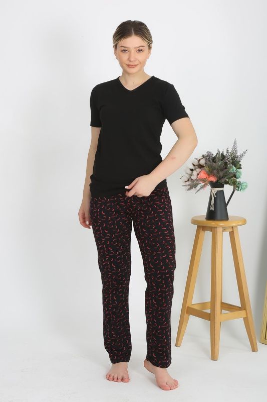 Moda Çizgi Kadın Kısa Kol Pamuk Penye Pijama Takım Siyah 4214 - 3