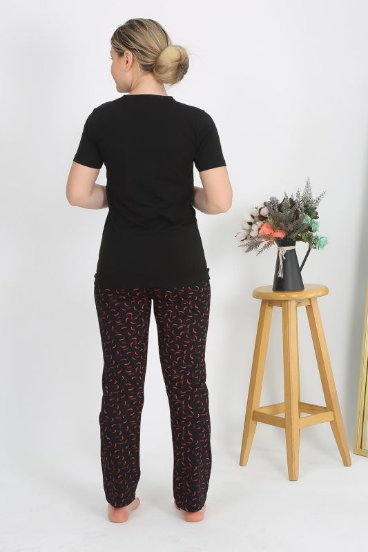 Moda Çizgi Kadın Kısa Kol Pamuk Penye Pijama Takım Siyah 4214 - 4