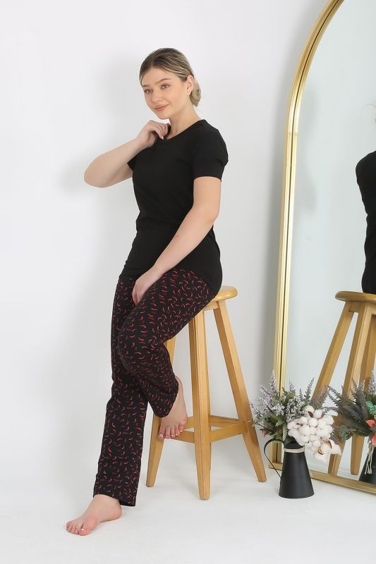 Moda Çizgi Kadın Kısa Kol Pamuk Penye Pijama Takım Siyah 4214 - 5