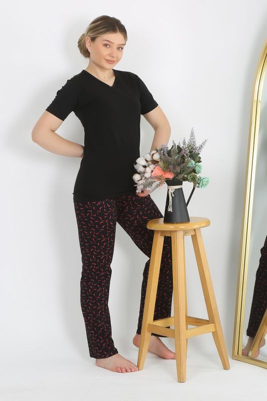 Moda Çizgi Kadın Kısa Kol Pamuk Penye Pijama Takım Siyah 4214 - 6