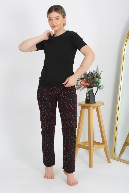 Moda Çizgi Kadın Kısa Kol Pamuk Penye Pijama Takım Siyah 4214 - 7