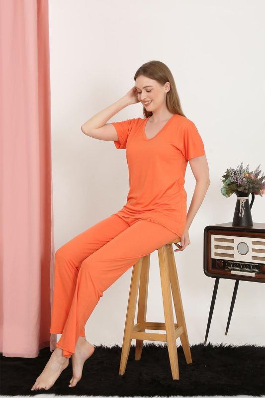 Moda Çizgi Kadın Kısa Kol Pamuk Penye Pijama Takım Turuncu 4213 - 1