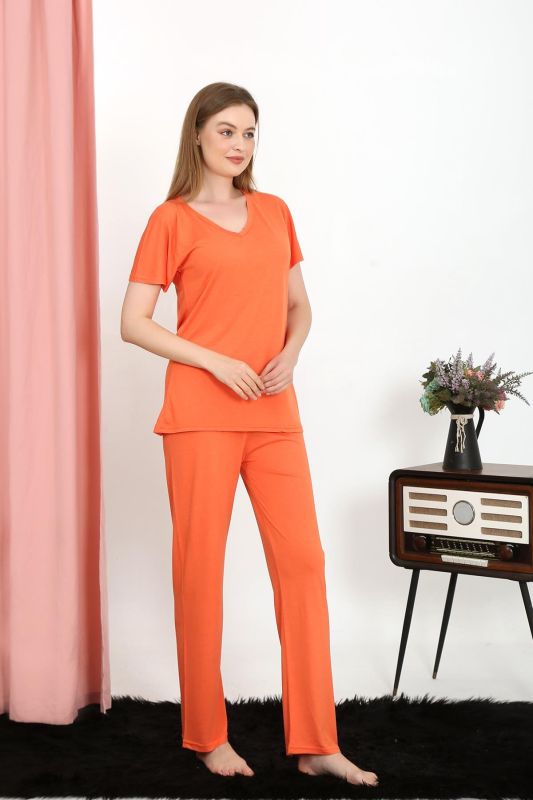 Moda Çizgi Kadın Kısa Kol Pamuk Penye Pijama Takım Turuncu 4213 - 2