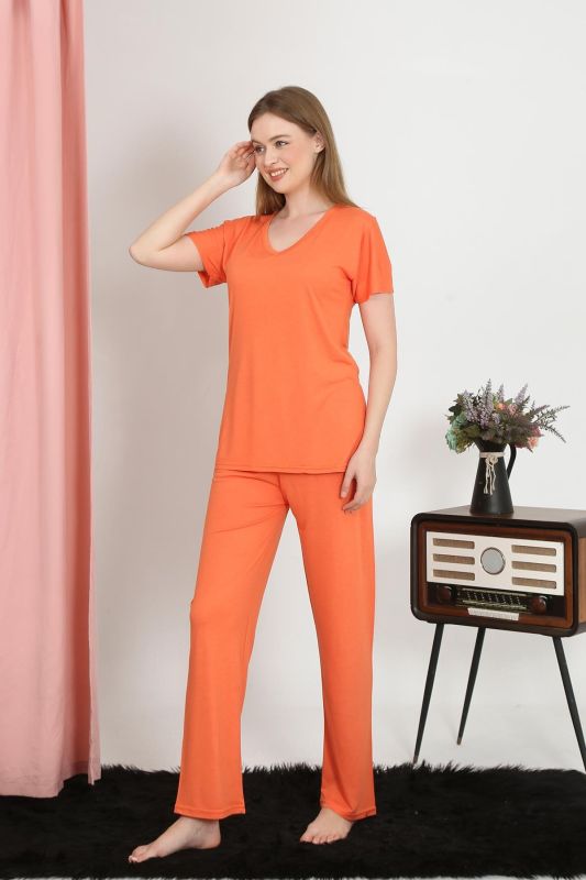 Moda Çizgi Kadın Kısa Kol Pamuk Penye Pijama Takım Turuncu 4213 - 3