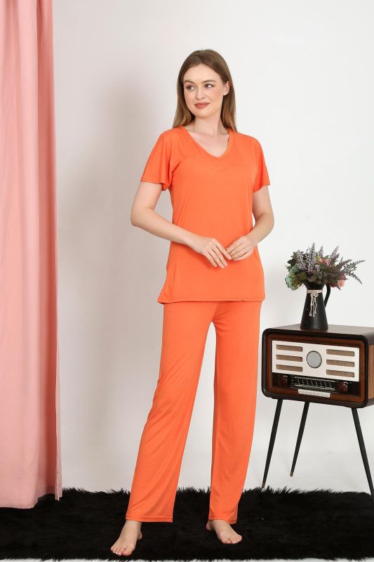 Moda Çizgi Kadın Kısa Kol Pamuk Penye Pijama Takım Turuncu 4213 - 5