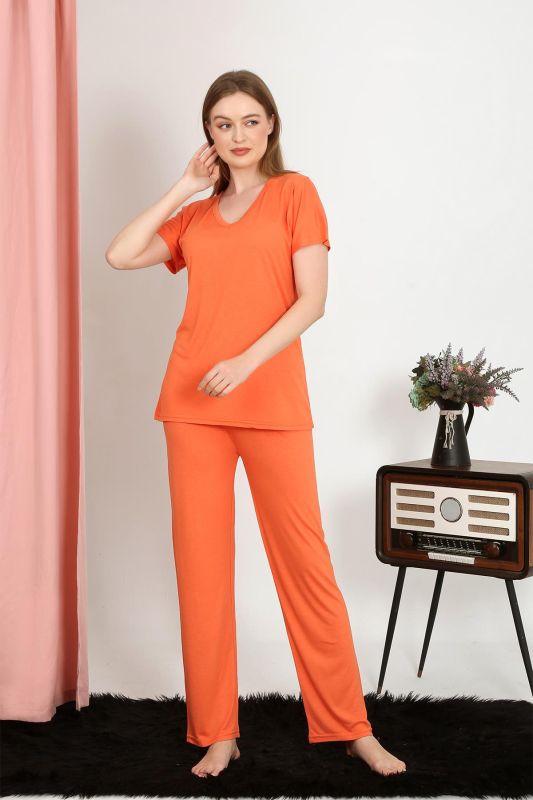 Moda Çizgi Kadın Kısa Kol Pamuk Penye Pijama Takım Turuncu 4213 - 6