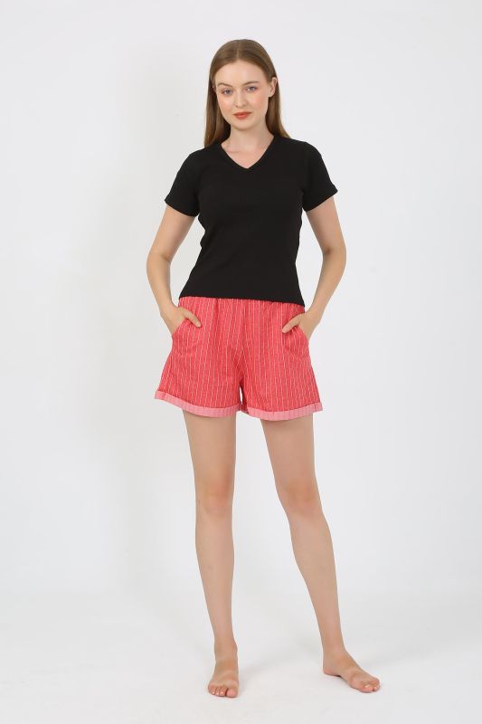 Moda Çizgi Kadın Kısa Kol Penye Şortlu Pijama Takım Siyah 3633 - 1