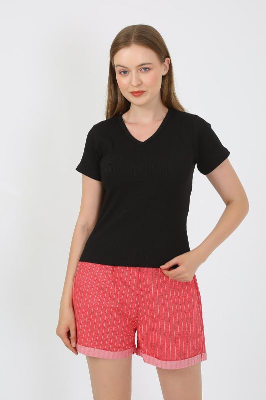 Moda Çizgi Kadın Kısa Kol Penye Şortlu Pijama Takım Siyah 3633 - 2