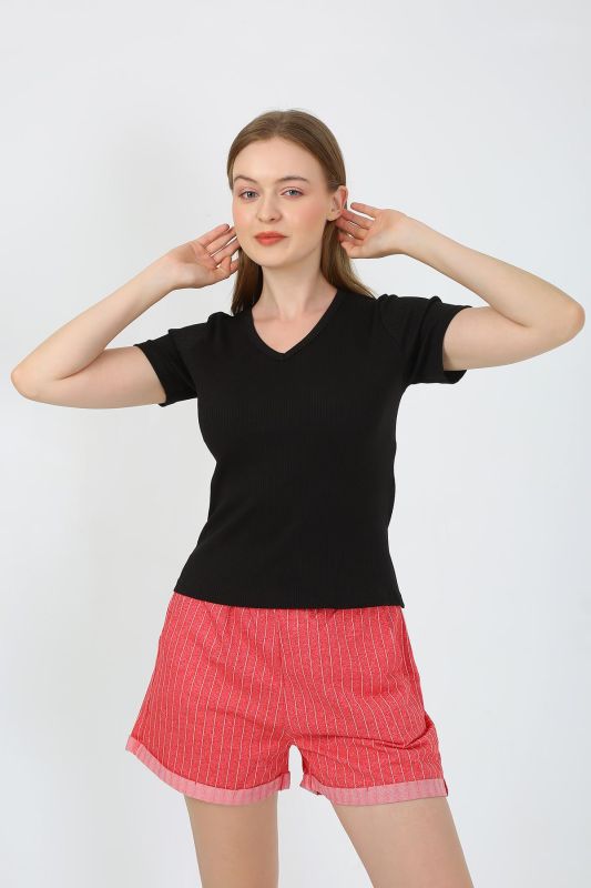 Moda Çizgi Kadın Kısa Kol Penye Şortlu Pijama Takım Siyah 3633 - 3