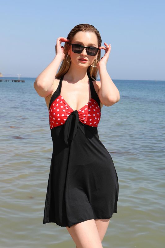 Moda Çizgi Kadın Likralı Şortlu Fiyonklu Elbise Mayo Kırmızı 37020 - 7