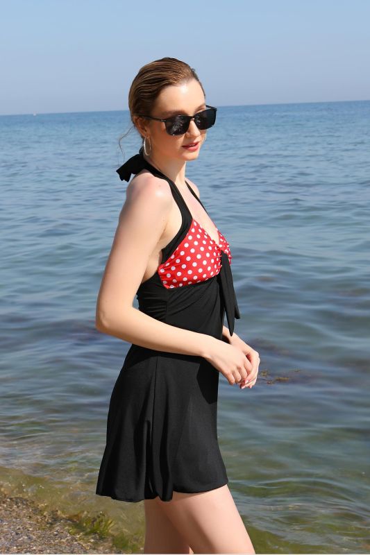 Moda Çizgi Kadın Likralı Şortlu Fiyonklu Elbise Mayo Kırmızı 37021 - 2