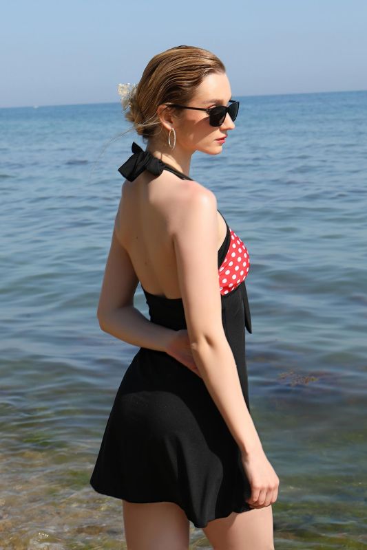 Moda Çizgi Kadın Likralı Şortlu Fiyonklu Elbise Mayo Kırmızı 37021 - 5