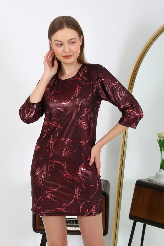 Moda Çizgi Kadın Micro Kumaş Mini Parlak Elbise 7420 Bordo - 1