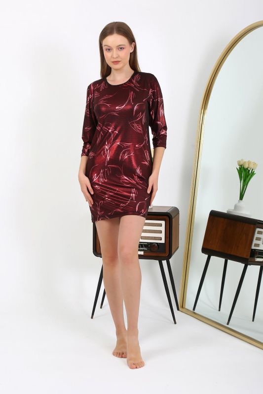Moda Çizgi Kadın Micro Kumaş Mini Parlak Elbise 7420 Bordo - 2