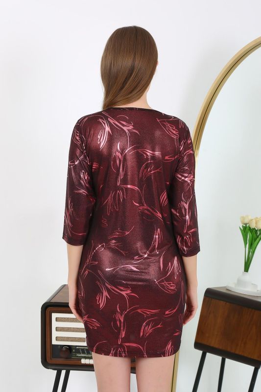 Moda Çizgi Kadın Micro Kumaş Mini Parlak Elbise 7420 Bordo - 5
