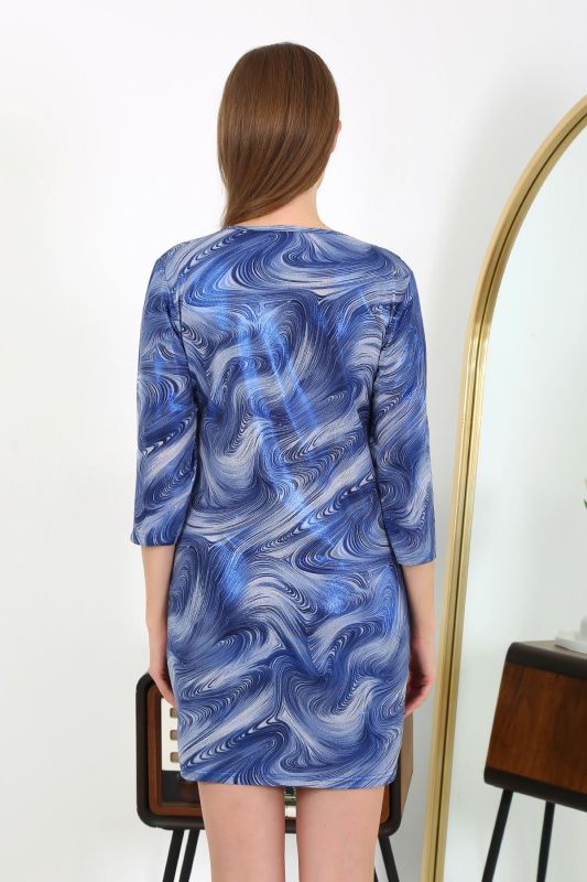 Moda Çizgi Kadın Micro Kumaş Mini Parlak Elbise 7420 Mavi - 5
