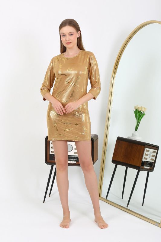 Moda Çizgi Kadın Micro Kumaş Mini Parlak Elbise 7420 Sarı - 3