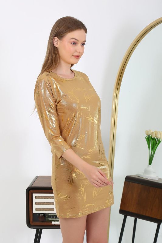 Moda Çizgi Kadın Micro Kumaş Mini Parlak Elbise 7420 Sarı - 5
