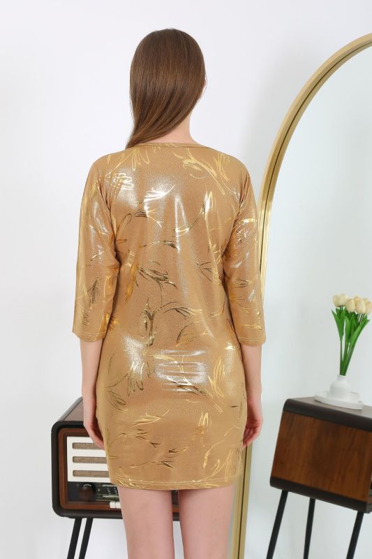 Moda Çizgi Kadın Micro Kumaş Mini Parlak Elbise 7420 Sarı - 6