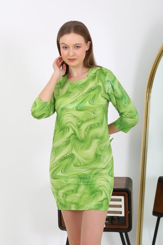 Moda Çizgi Kadın Micro Kumaş Mini Parlak Elbise 7420 Yeşil - 3