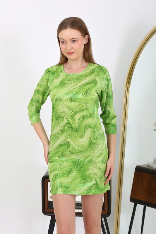 Moda Çizgi Kadın Micro Kumaş Mini Parlak Elbise 7420 Yeşil - 4