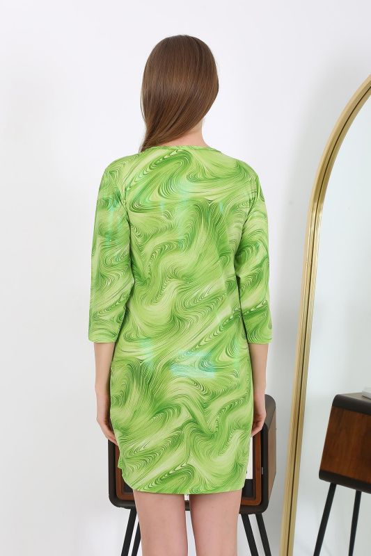 Moda Çizgi Kadın Micro Kumaş Mini Parlak Elbise 7420 Yeşil - 5