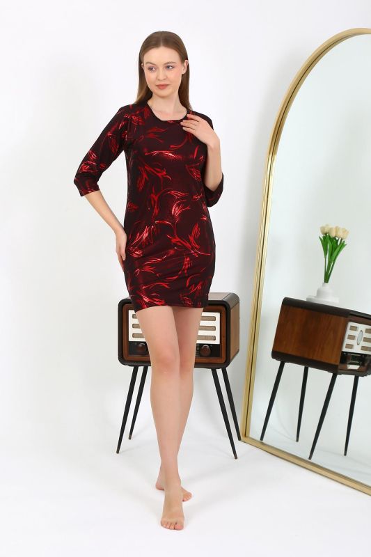 Moda Çizgi Kadın Micro Kumaş Mini Parlak Elbise 7421 Kırmızı - 3