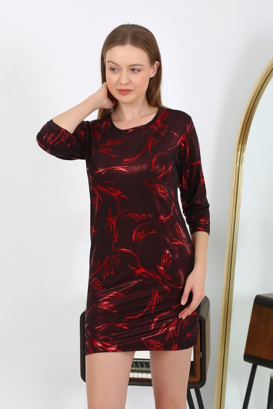 Moda Çizgi Kadın Micro Kumaş Mini Parlak Elbise 7421 Kırmızı - 4