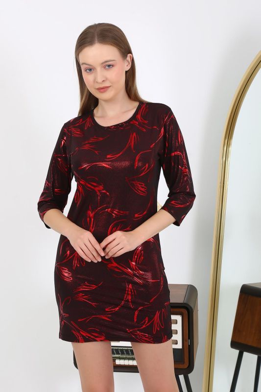 Moda Çizgi Kadın Micro Kumaş Mini Parlak Elbise 7421 Kırmızı - 5