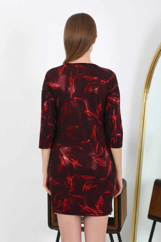 Moda Çizgi Kadın Micro Kumaş Mini Parlak Elbise 7421 Kırmızı - 6