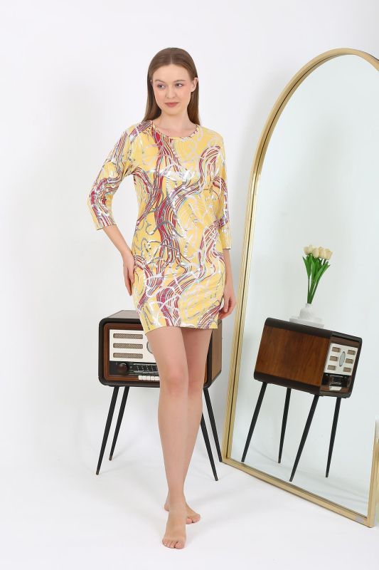 Moda Çizgi Kadın Micro Kumaş Mini Parlak Elbise 7421 Sarı - 3