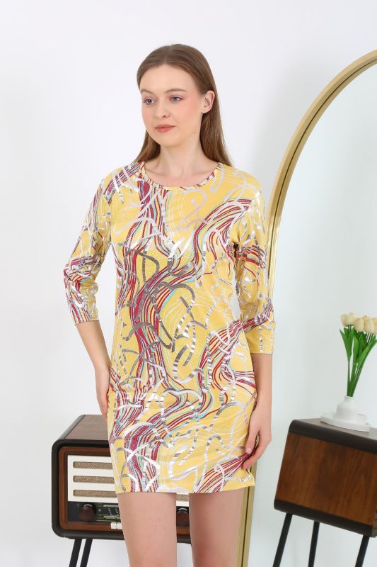Moda Çizgi Kadın Micro Kumaş Mini Parlak Elbise 7421 Sarı - 4