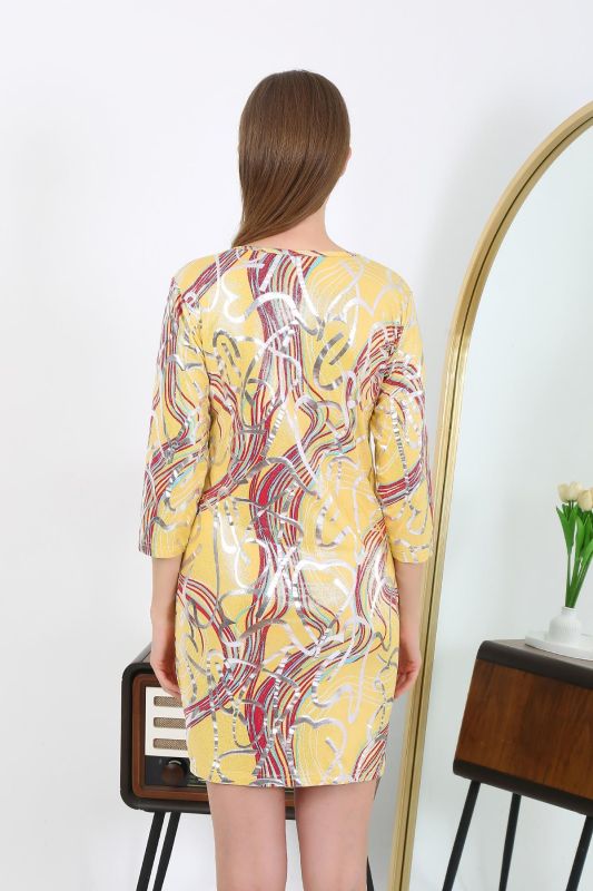Moda Çizgi Kadın Micro Kumaş Mini Parlak Elbise 7421 Sarı - 5