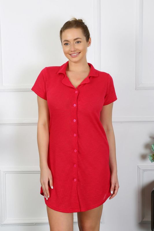 Moda Çizgi Kadın Pamuk Dokuma Kısa Kol Düğmeli Kırmızı Tunik Gecelik 13110 - 5
