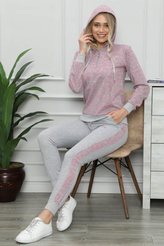 moda çizgi Kadın Pamuk Kapşonlu Cepli Eşofman Takım 9017 - 1