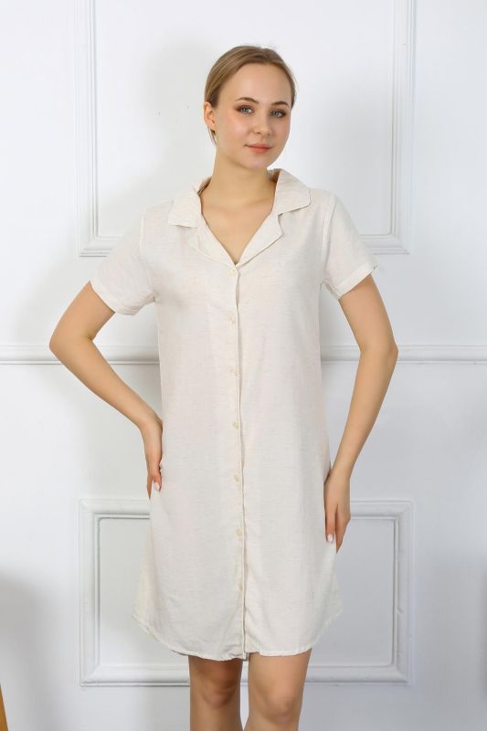Moda Çizgi Kadın Pamuk Keten Kısa Kol Düğmeli Krem Tunik Gecelik 13108 - 2