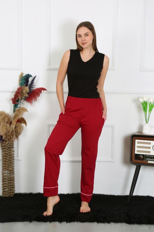 Moda Çizgi Kadın Pamuk Penye Cepli Tek Alt Pijama Bordo 27512 - 1