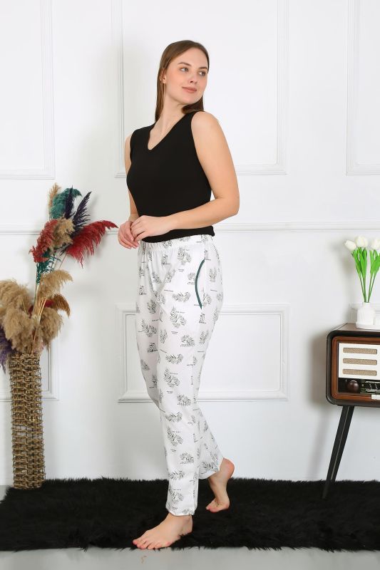 Moda Çizgi Kadın Pamuk Penye Cepli Tek Alt Pijama Ekru 27512 - 1