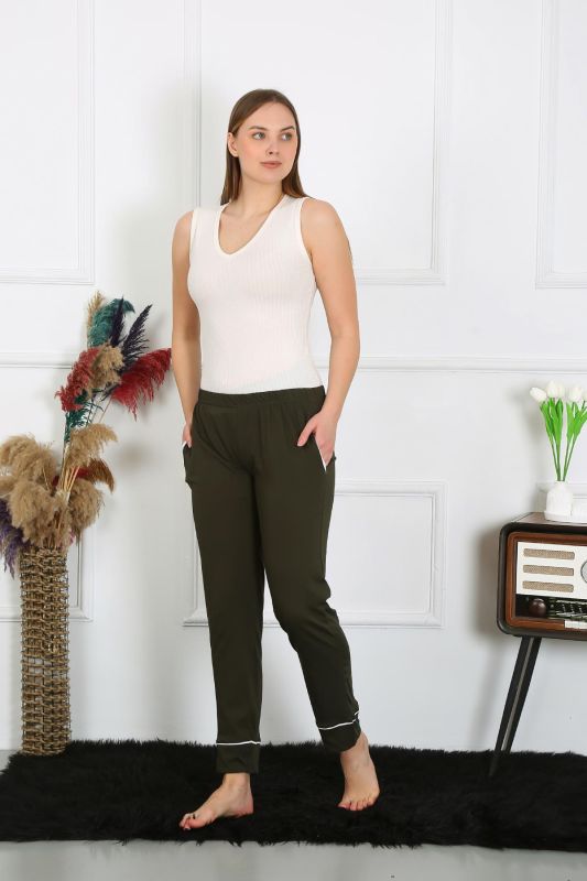 Moda Çizgi Kadın Pamuk Penye Cepli Tek Alt Pijama Haki 27512 - 2