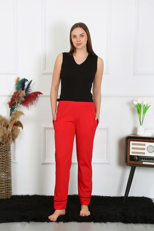 Moda Çizgi Kadın Pamuk Penye Cepli Tek Alt Pijama Kırmızı 27512 - 1