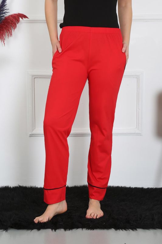 Moda Çizgi Kadın Pamuk Penye Cepli Tek Alt Pijama Kırmızı 27512 - 2