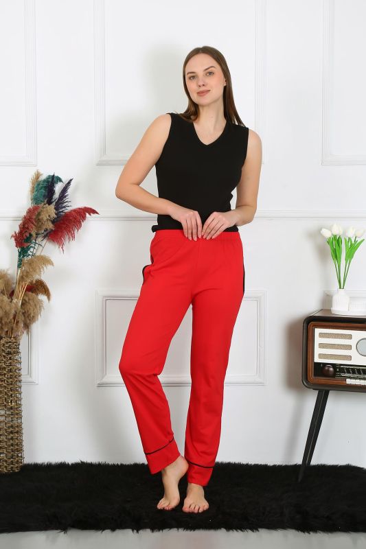 Moda Çizgi Kadın Pamuk Penye Cepli Tek Alt Pijama Kırmızı 27512 - 5