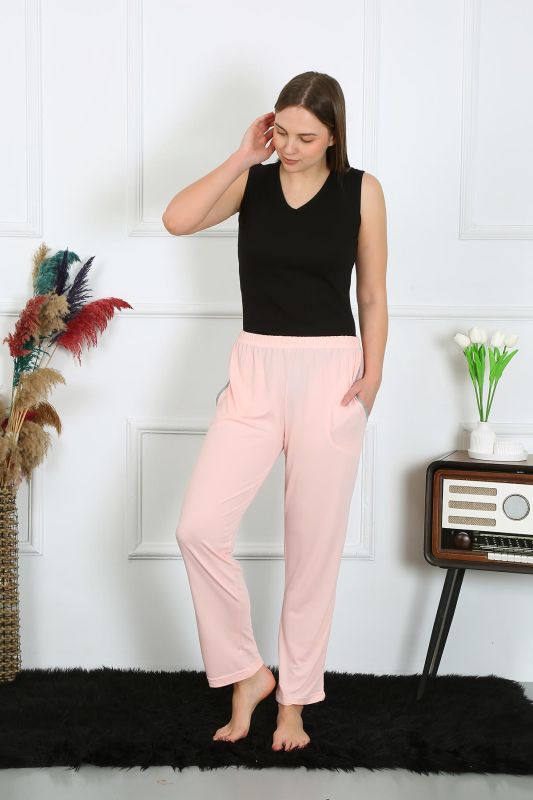 Moda Çizgi Kadın Pamuk Penye Cepli Tek Alt Pijama Pembe 27512 - 5