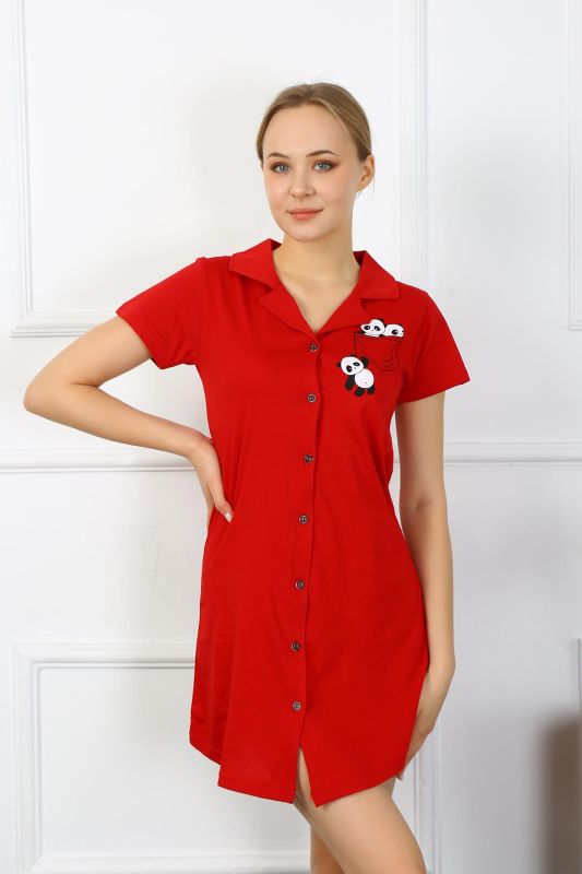 Moda Çizgi Kadın Pamuk Penye Kısa Kol Düğmeli Kırmızı Tunik Gecelik 13109 - 4