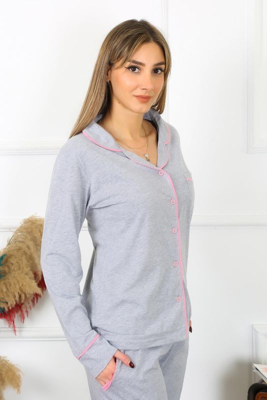 Moda Çizgi Kadın Pamuk Penye Önden Düğmeli Uzun Kol Gri Pijama Takım 2782 - 3