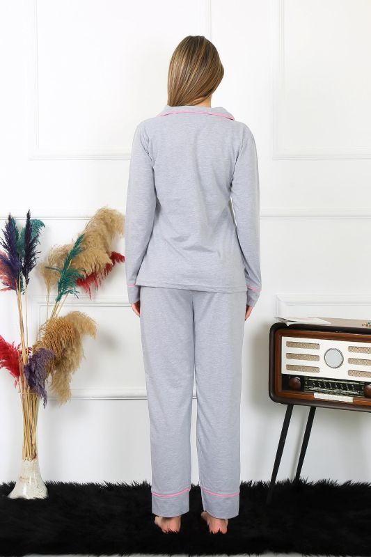 Moda Çizgi Kadın Pamuk Penye Önden Düğmeli Uzun Kol Gri Pijama Takım 2782 - 4